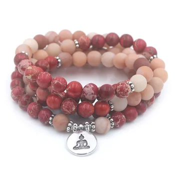 Chapelet Bouddhiste Mala en Pierre naturelle rouge et corail de 108 perles