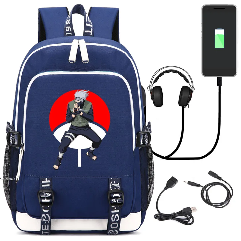 style2 blue HONHUIQIXIN Наруто Учиха клана школьная сумка японского аниме рюкзак с usb зарядным портом и замком и интерфейсом наушников рюкзак - Цвет: style2 blue