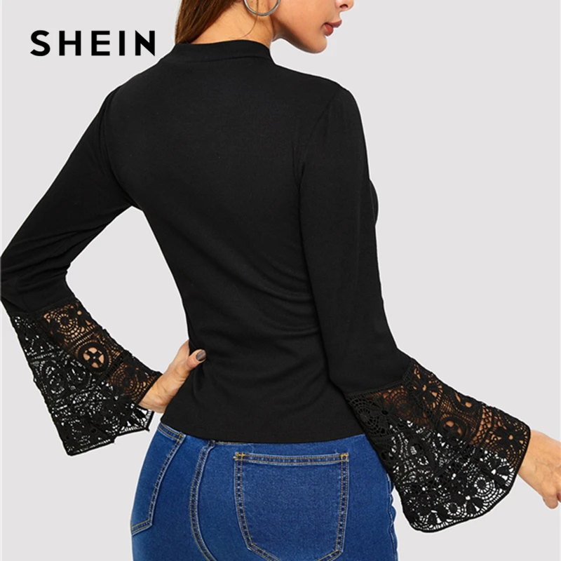SHEIN Black Floral Lace Insert Bell Sleeve Tee Elegant Plain Slim Fit Long Sleeve T-shirt Women OL Work 2019 Spring Tops