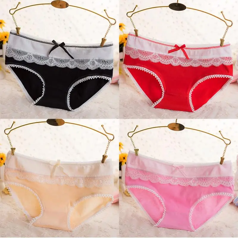 Women's Cotton Soft Lace Panties Bow knot Splicing Underwear Briefs