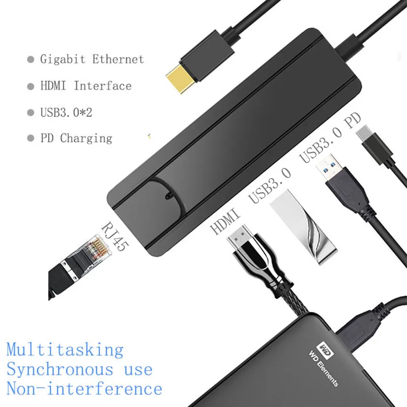 Док-станция Fealushon type C-HDMI USB3.0 RJ45 Gigabit PD Hub для ноутбука Macbook Pro hp DELL Surface lenovo samsung Dock