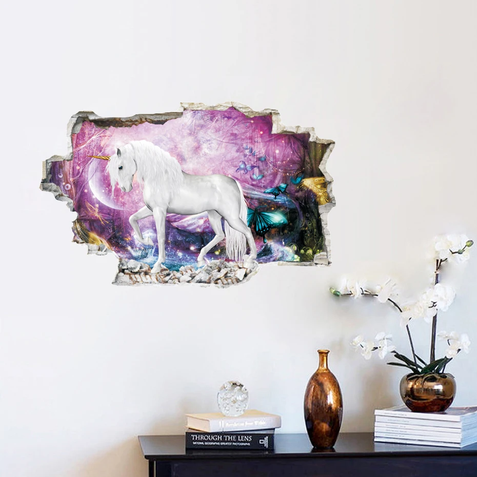 

Colorful Unicorn Horse Forest Wall Stickers Creative 3d Break The Wall Effect Picture Setting Sticker Kids Nursery Decals Decor