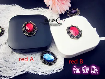

LIUSVENTINA Handmade DIY Cute Alloy Olive Leaf Red Gemstone Contact Lens Case With Mirror Box Container for Color Lenses