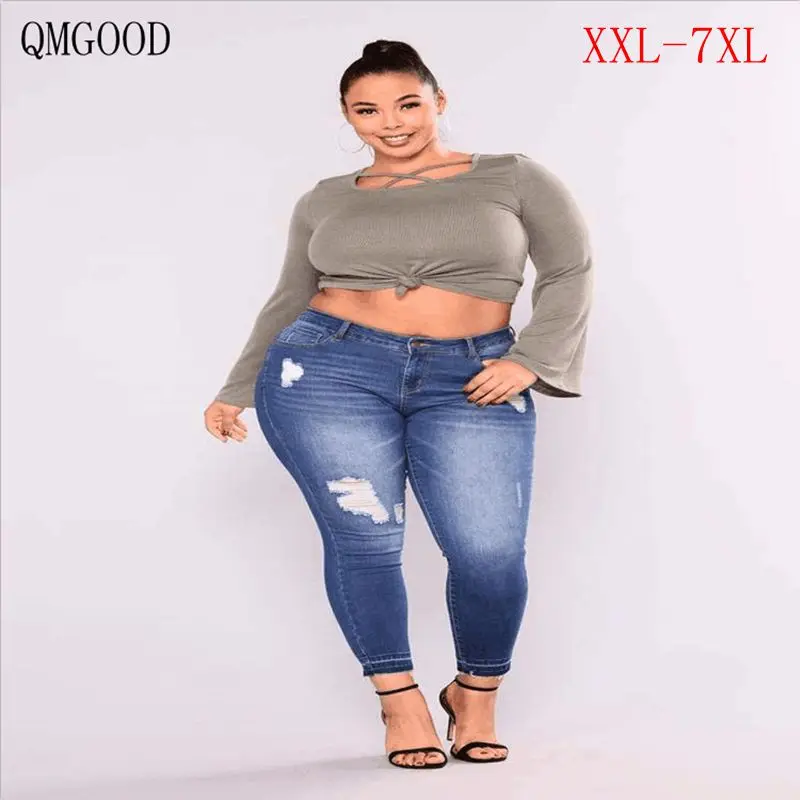QMGOOD Plus Size 7XL Torn Jeans Woman Large Size Stretch ripped Jeans