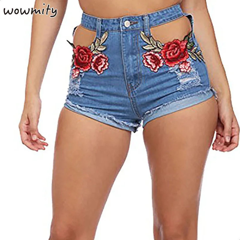 2017 Furos de Flores Bordado das Mulheres Escavar Calções Mulheres Verão Curto Washed Denim Shorts Feminino Shorts Jeans de Cintura Alta