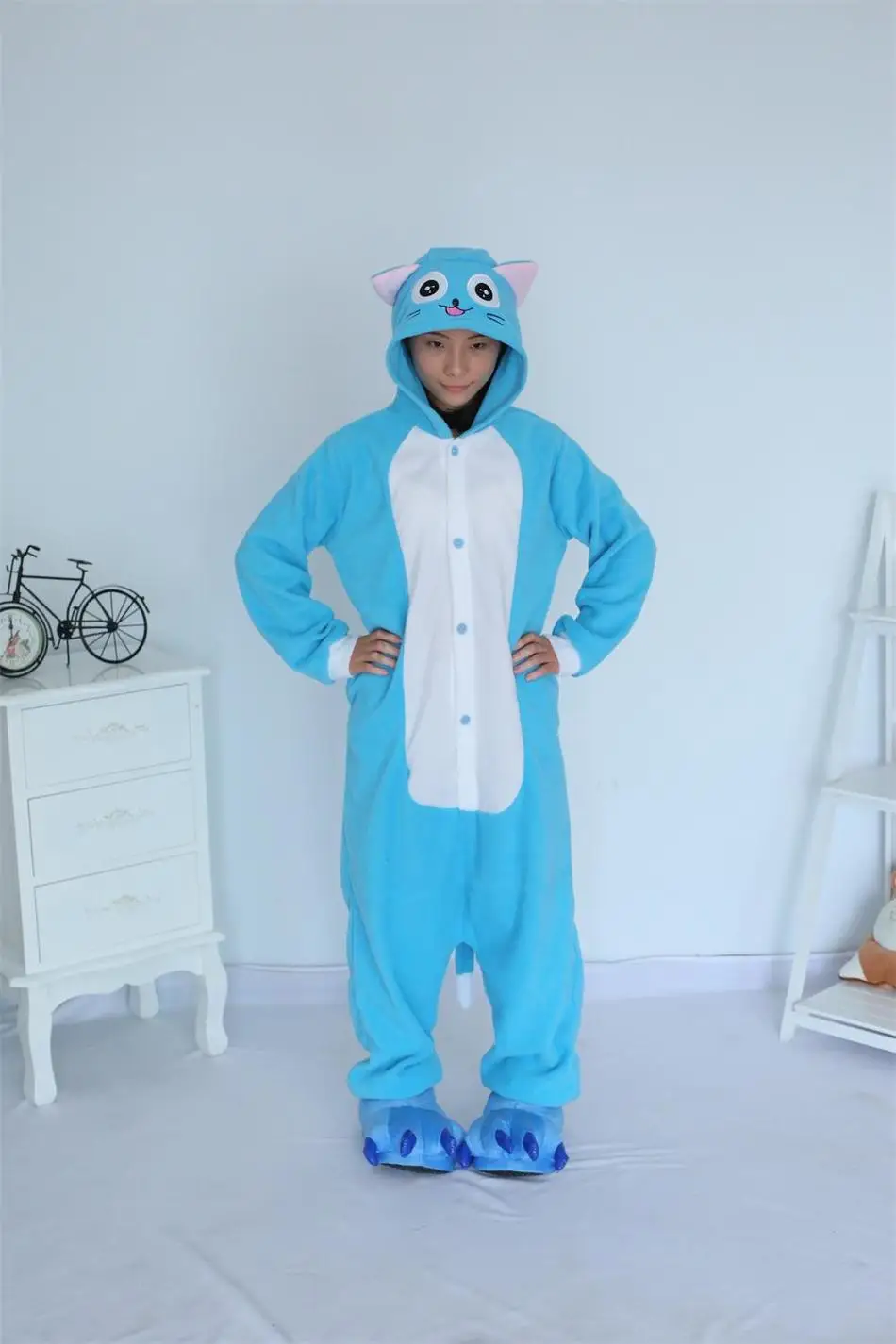 

Kigurumi Fleece New Blue Happy CAT Pajamas Adult Onesie Cosplay Costume Jumpsuit Pyjamas Romper Party Dress
