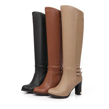 

GOXPACER Knee High Casual Boots Boots Women High Heel Square Heel Buckle Round Toe Female Fashion Shoes Plus Size New Arrival
