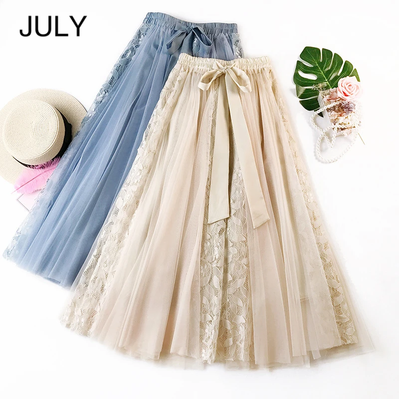 

JULY Long Mesh tutu Skirt Women 2019 Spring Summer Korean skirt Elegant High Waist Openwork lace Midi Skirt Female black red