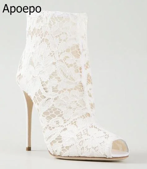 Lace Design Spring Winter Wedding Women Peep Toe Zipper Shoes Solid White Red Thin High Heels Sweet Fretwork Ankle Boots Women Women's Shoes