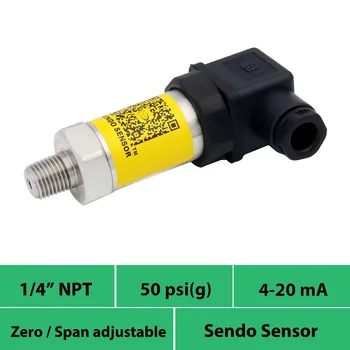 

0 to 50 psi gauge pressure sensor 4 20mA, DC 12V 24V 36V supply, analogue signal, 1 4 NPT thread, stainless steel 316L diaphragm