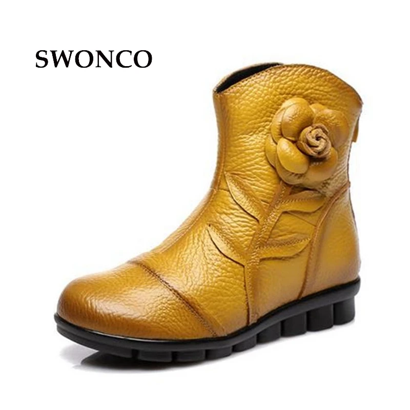 

Women Genuine Leather Boots Retro Cowhide Leather Women's Boots 3cm Low Heel Fashion Flower Mother Autumn Shoes
