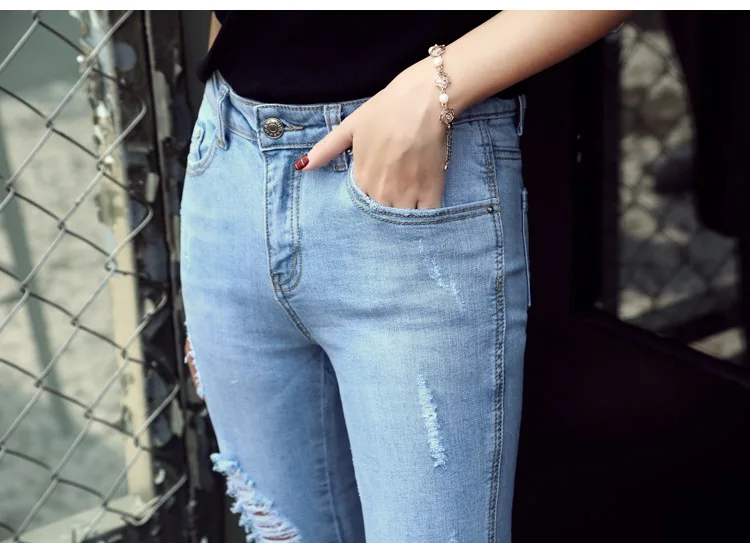 Джинсы высокого качества для Женская мода отверстие джинсовые узкие брюки длиной до щиколотки повседневные джинсы женские Новинка осени