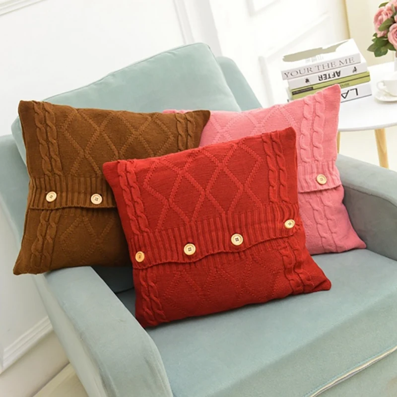 

45x45 Super Soft Knitted Wool Pillow Cover Solid Pillow Case Button Pillows Covers Bedroom Decorative Square Pillowcase