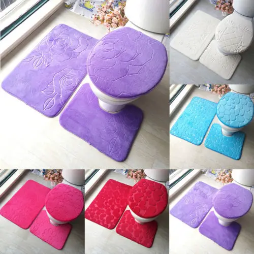 3Pcs Flower Bathroom Set Toilet Seat Pedestal Rug +Lid Cover + Bath Mat Pad Tank Lid Top Flannel Cloth | Дом и сад