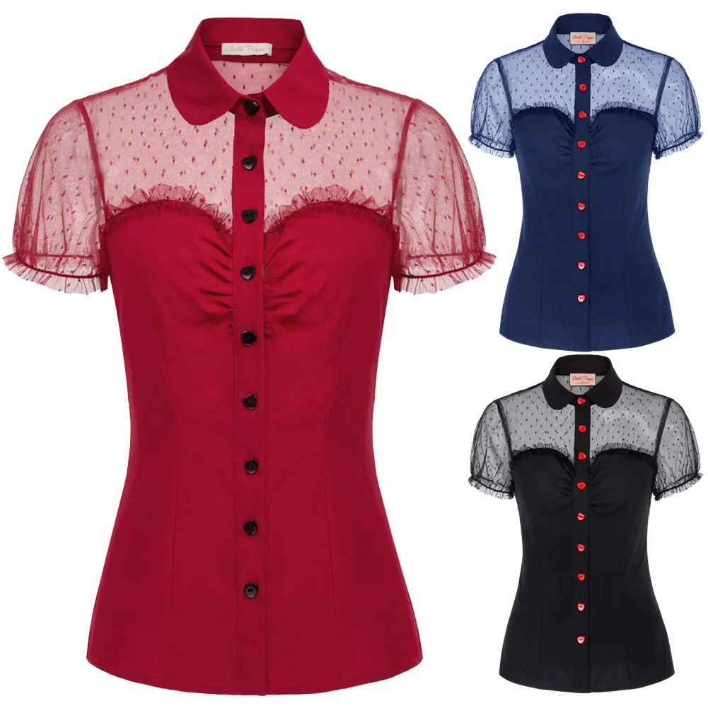  vintage Women shirt Short Sleeve Lapel Collar Red Buttons Mesh Fabric Patchwork blouse party elegan