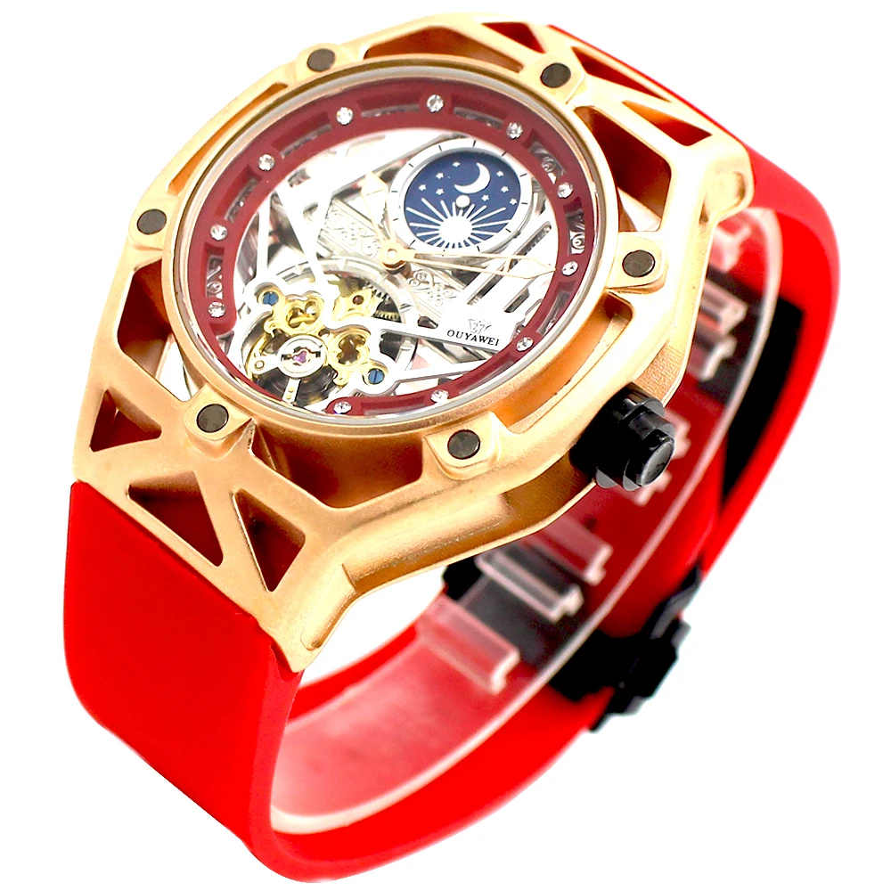 OUYAWEI Zegarek Meski الرجال الميكانيكية ووتش التلقائي توربيون الرياضية السيليكا هلام Montre أوم القمر المرحلة الأزياء الساعات Reloj