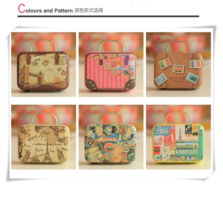 

New Creative' travel around the world' Vintage portable Tin Storage box/ 6style cute suitcase candy box/ jewelry/ Medicine box