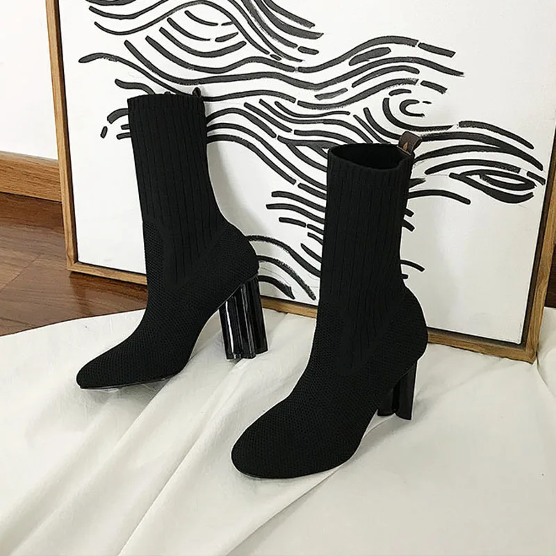 Bottes vert Chaussette Rond Bleu Chic Tricot Vert Femmes Haute Noir bleu Stretch Étrange Cheville Chaussures Talon Femme Bout 2018 XwUx8X