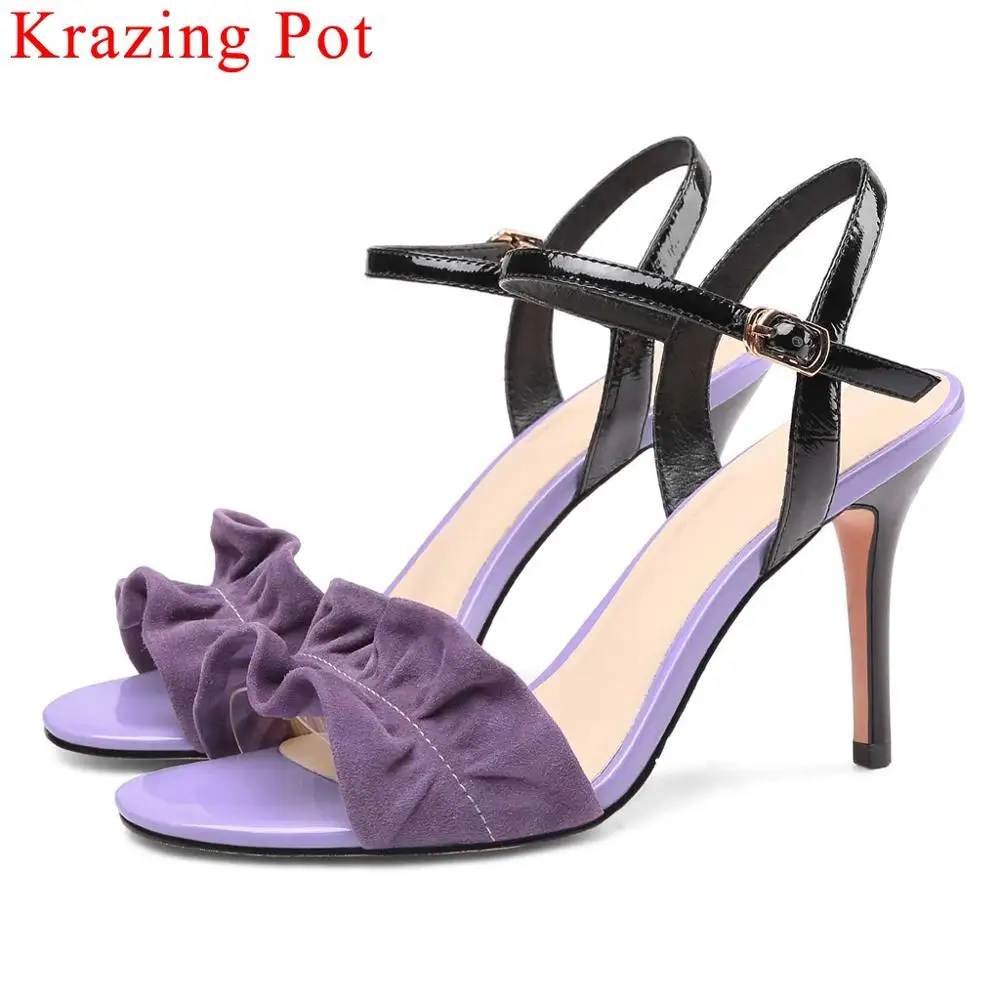 

Krazing Pot queen style pleated design stiletto 8.5cm heels peep toe women sandals buckle strap natural leather party shoes L52