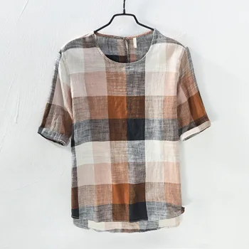 

New Arrival 55% Linen 45% Cotton Plaid Men's T-shits Hight Quality Comfortable Fabric Round Collar Men's T-shirts M - 3XL