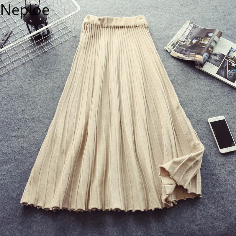 

Neploe 2019 Winter Thick Clothes Long Skirts Knitted Elastic Waist A-Line Pleated Skirt Solid Elegant Plus Size Midi Skirt 90196