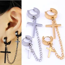1 шт., серьги-гвоздики в стиле панк из нержавеющей стали с двойным крестом, длинная цепочка, кисточки, клипсы для ушей, манжета для пирсинга Huggie, ювелирные изделия для мужчин и женщин