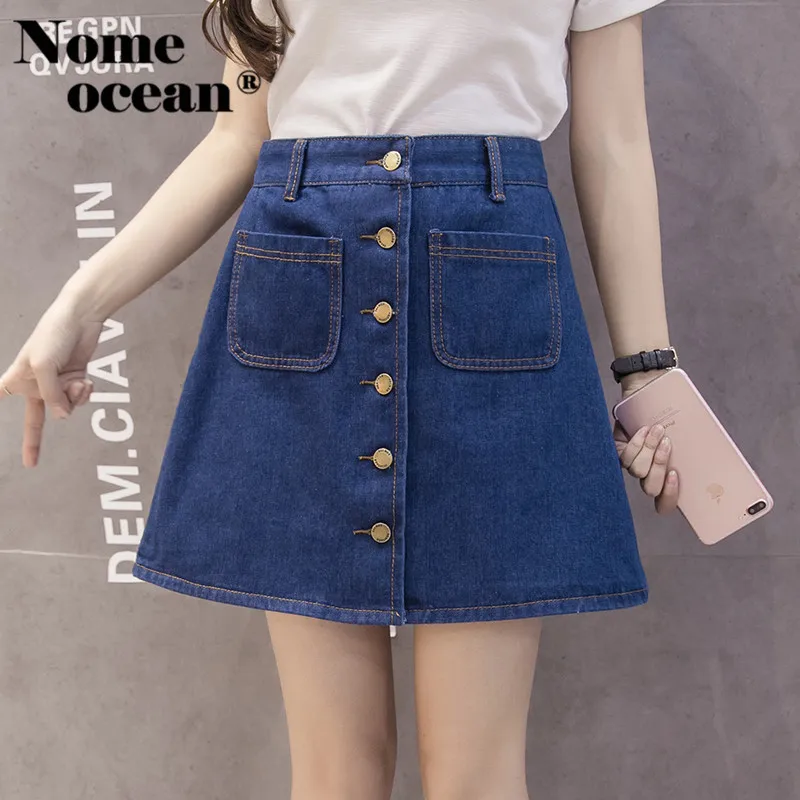 

High Waist A-line Skirts Button-up Front Single Breasted Women Skirt 2017 Summer Empire Pockets Jeans Skirt Denim Blue M17040504