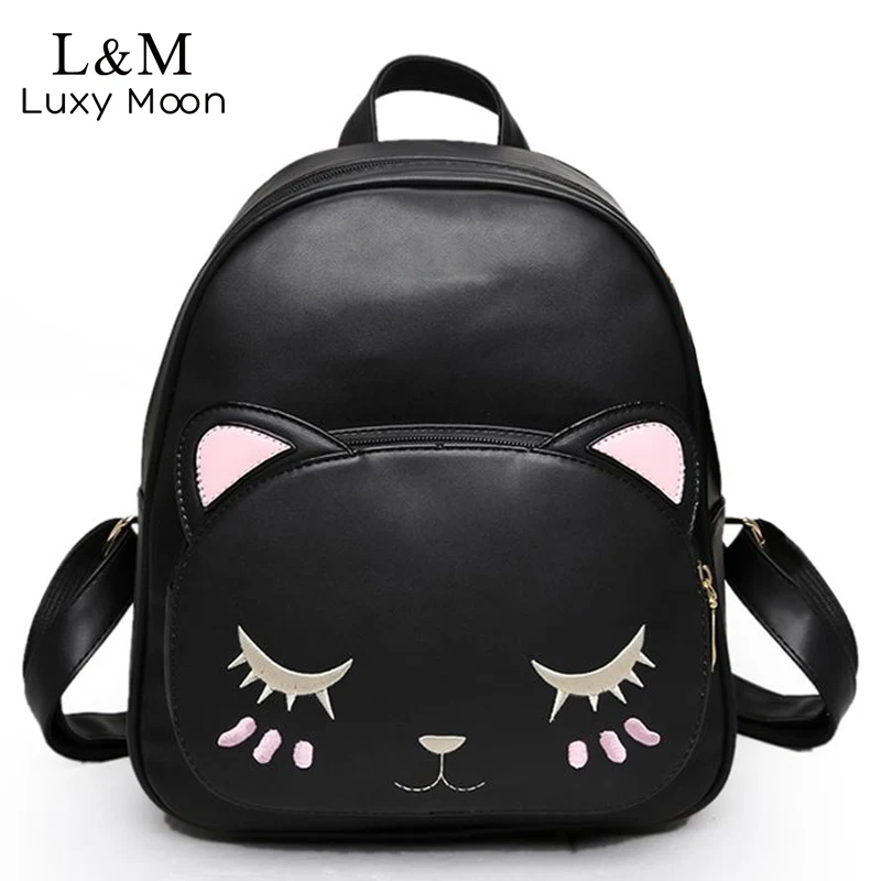 Cat Backpack Black Preppy Style School Backpacks Funny Quality Pu Leather Fashion Women Shoulder Bag Travel