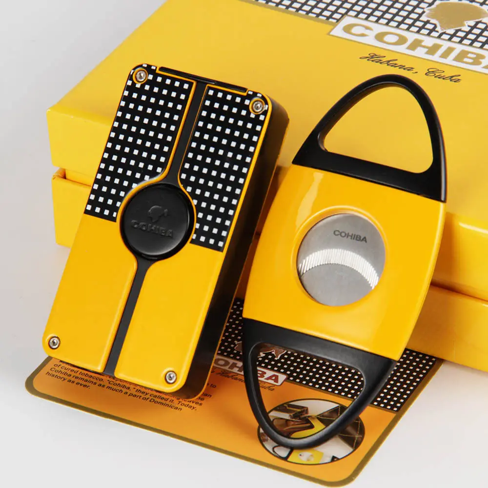 

NEW COHIBA Yellow Classic 3 Torch Jet Flame Cigar Lighter W/ Saw Blade Cutter Punch