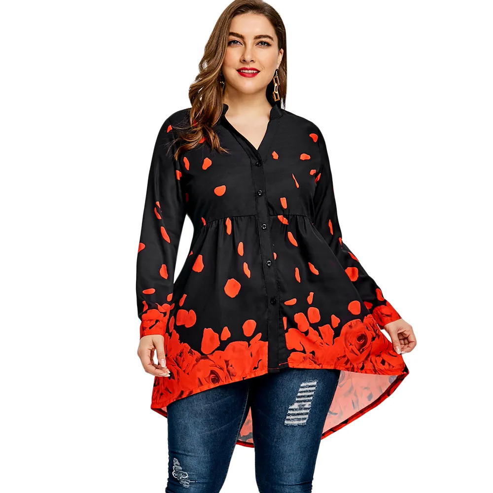 ZAFUL Plus Size Rose Petal Valentine Top Women Blouses Casual V Neck Long Blouse Shirt 2018