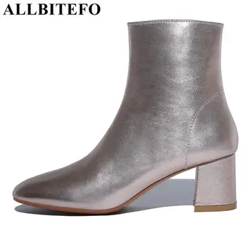 

ALLBITEFO genuine leather thick heel women boots fashion brand high heels ankle boots women leather boots botas femininas