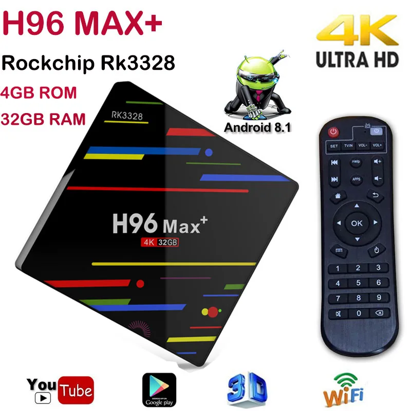 H96 Max+ ТВ-приставка Android 8,1 RK3328 Четырехъядерный 4K двойной wifi hd1080p 4 Гб rom 32 Гб ram+ iptv youtube googleplay android tv box