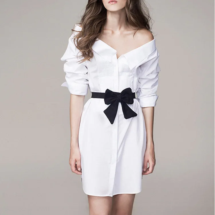 

Spring White Shoulder Shirt Open Shoulder Lapel Chest Pleated Long Sleeve 2019 Turn-down Collar Button Broadcloth Shirts Women