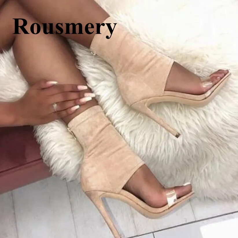 

Newest PVC Fashion Elastic Fabric Flock Rear Zipper Solid Sexy Thin High Heel Open Toe Summer Cover Heel Women Boots Normal Size