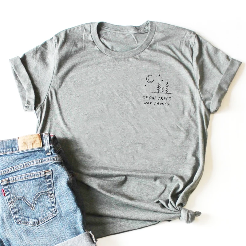 

Grow Trees Not Armies Pocket Print T Shirts Summer Cotton Aesthetic Tees O Neck Short Sleeve Trendy T shirt Tops Drop Shipping