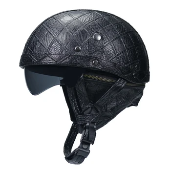 

Motorcycle Motorbike Rider Half Open Face PU Leather Helmet with dual lens Vespa DOT