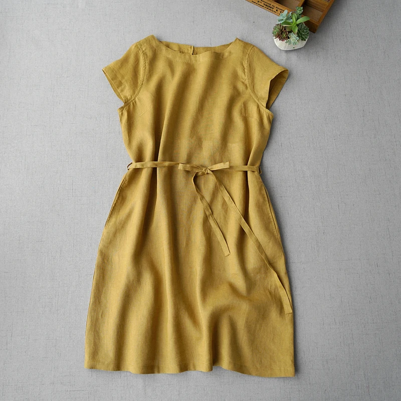 

Spring Autumn Women Casual Brief Loose Plus Size Chinese Style Vintage Buttons Comfortable Water Washed Ramie Dresses
