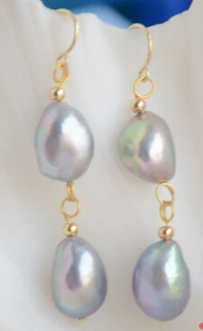 

free shipping 13377 2line 12-14mm gray baroque freshwater pearl dangle earring