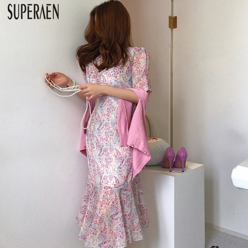 

SuperAen 2019 Summer New Korean Style Women Dress Fashion Slim Ladies Dress V-neck Ruffle Short Sleeve Women Clothing
