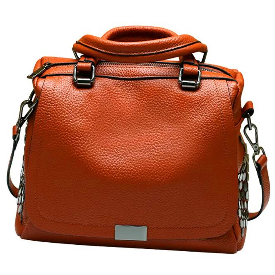 

First Layer Cowhide Boston Handbag Women Hobos Designer Bags For Women Fashion Ladies Litchi Rivet Simple Bag Real Leather Soft