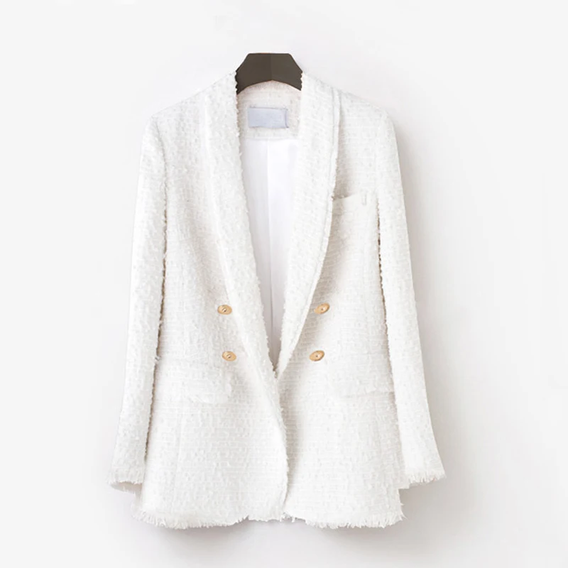 High Quality White Black Tweed Office Blazer Women Long Sleeve Gold Double Buttons Designer Blazers Outer Jacket Female Autumn