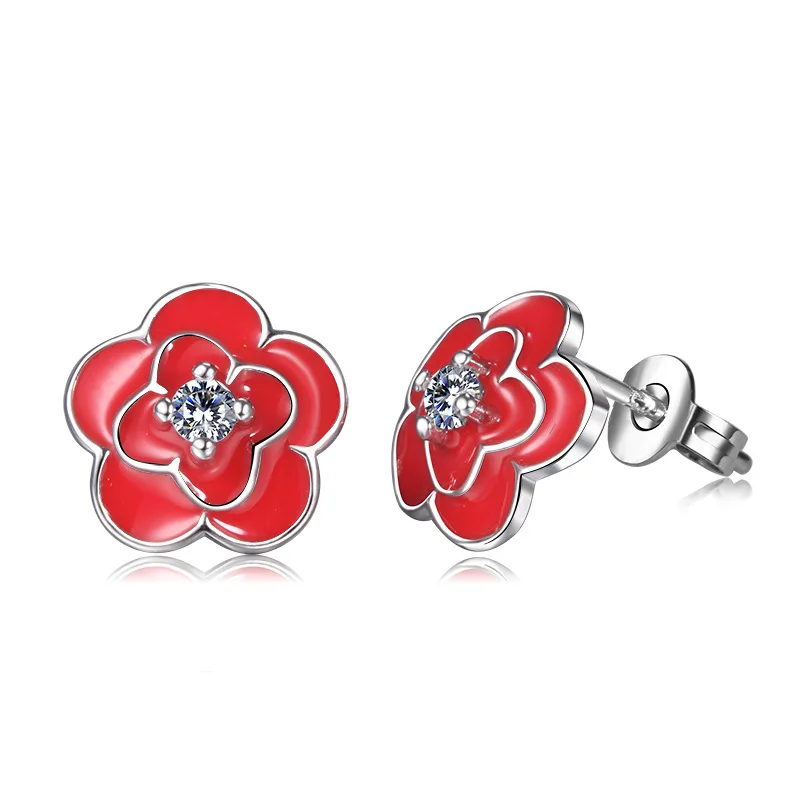 Elegant Red Rose Flower 925 Sterling Silver Stud Earrinig For Women Wedding With Shiny CZ Crystal Earring Stud