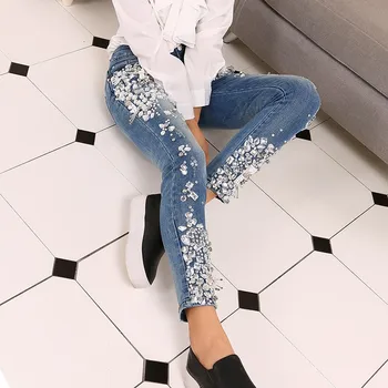 Fashion Vintage Women Luxury Embroidered Flares Diamond Denim Jeans Women Beaded Skinny Slim Fit Stretch Pencil Pants Trousers 1