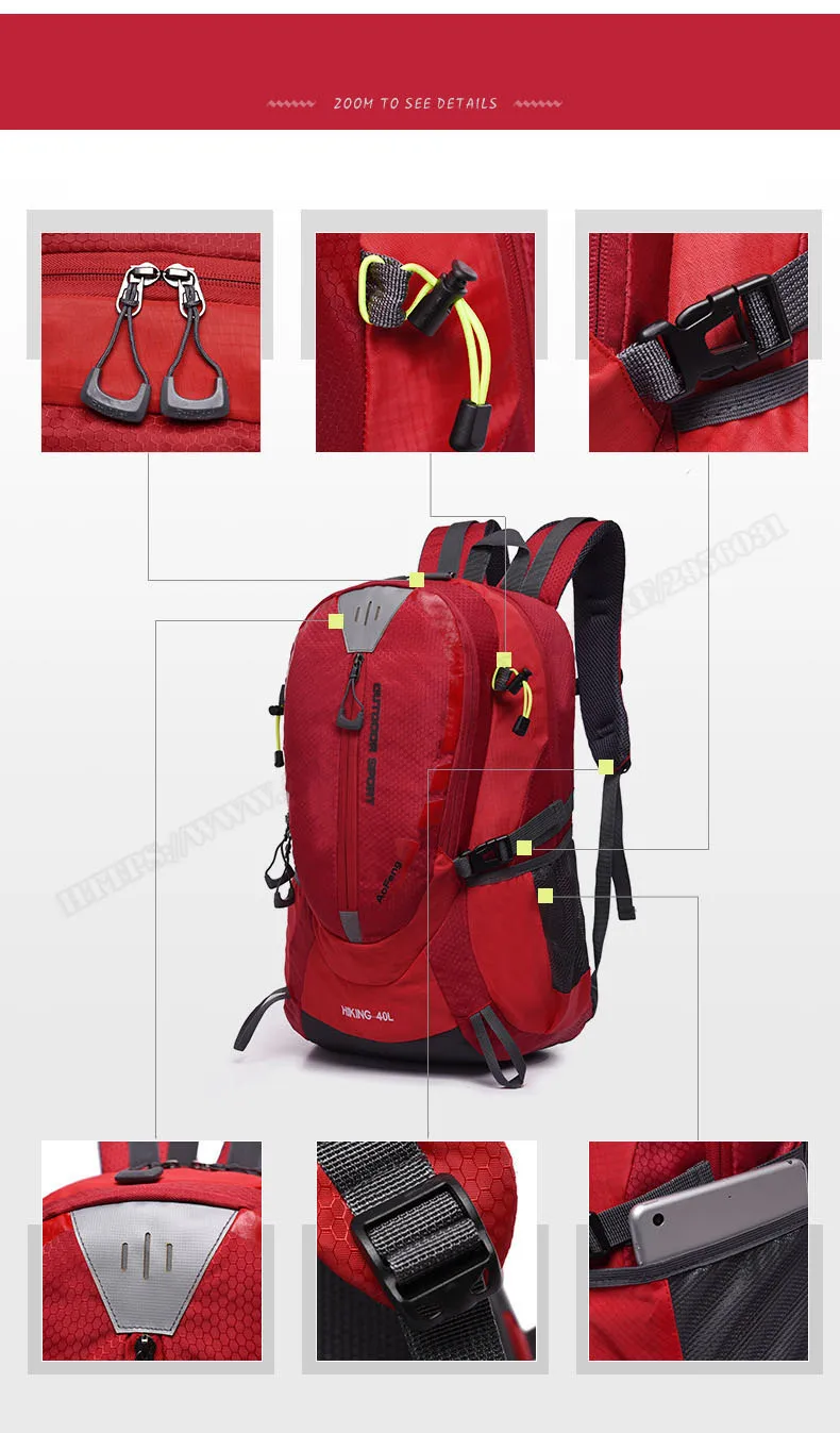 Hot Sale Red/green/balck 40L Outdoor Mountaineering Bags Water Nylon Shoulder Bag Men And Women Travel Hiking Camping Backpack