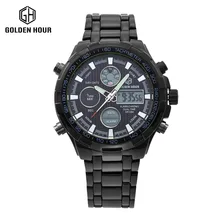 Hot Stainless Steel All Black Watch Men watch Analog Digital Alarm Display 3 ATM Water Resistant relojes deportivos hombres