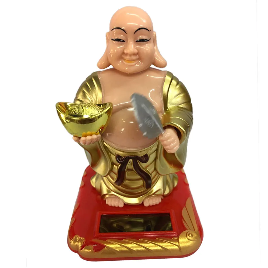 Feng Shui Decoration Solar Powered Waving Fan Lucky Wealth Happy Laughing Buddha -2.36x2.76x3.94inch