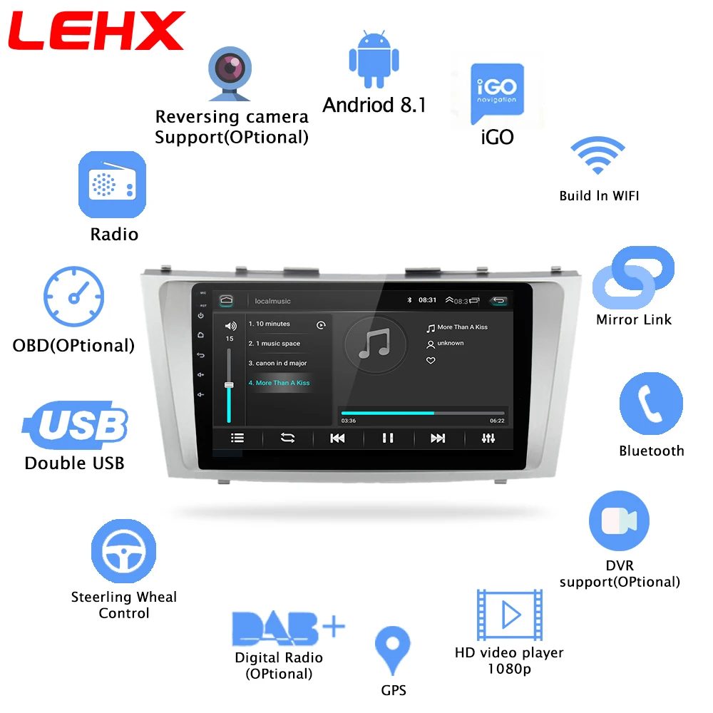 LEHX Android 8,1 coche Multimedia Player 2 din radio de coche para toyota camry 2007 2008 2009-2011with navegación coche cabeza ESTÉREO unidad