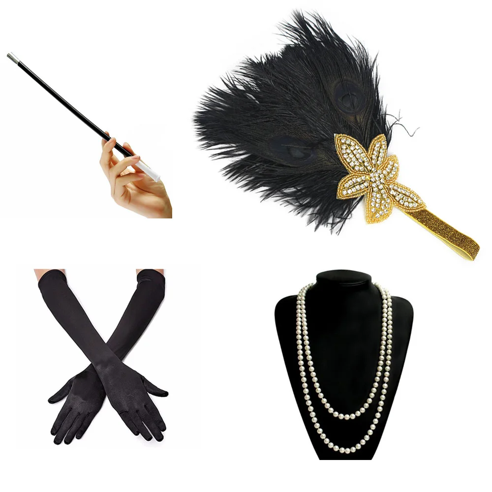 1920s большой Гэтсби праздничный костюм, набор аксессуаров, причудливый Хлопушка, повязка на голову с перьями, жемчужное ожерелье, перчатка, держатель для сигарет, 4 шт - Цвет: S211gold