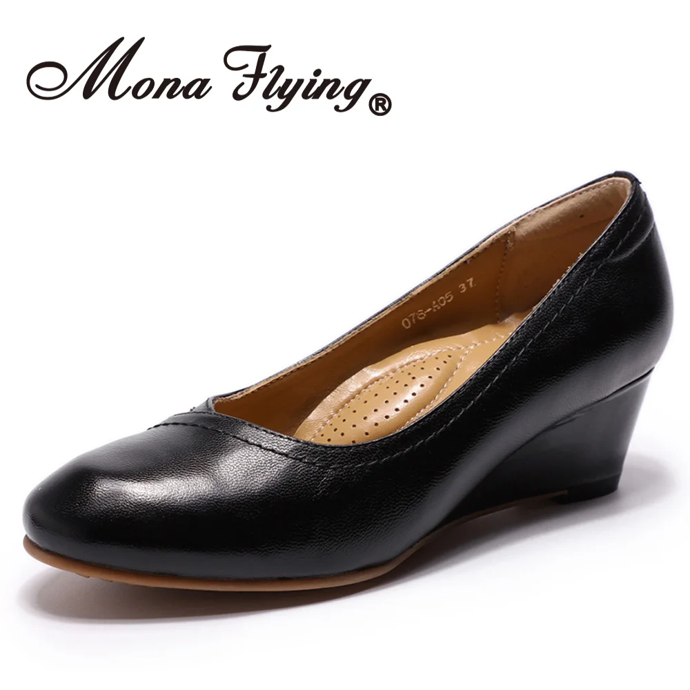 Mona Flying/женские туфли-лодочки на танкетке из натуральной кожи; модельные туфли ручной работы с круглым носком на высоком каблуке для женщин; 078-A05 - Цвет: Black