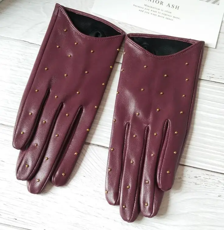 Женские перчатки из натуральной овчины на весну и осень, женские перчатки из натуральной кожи в стиле панк с заклепками, мотоциклетные перчатки для вождения R755 - Цвет: purple